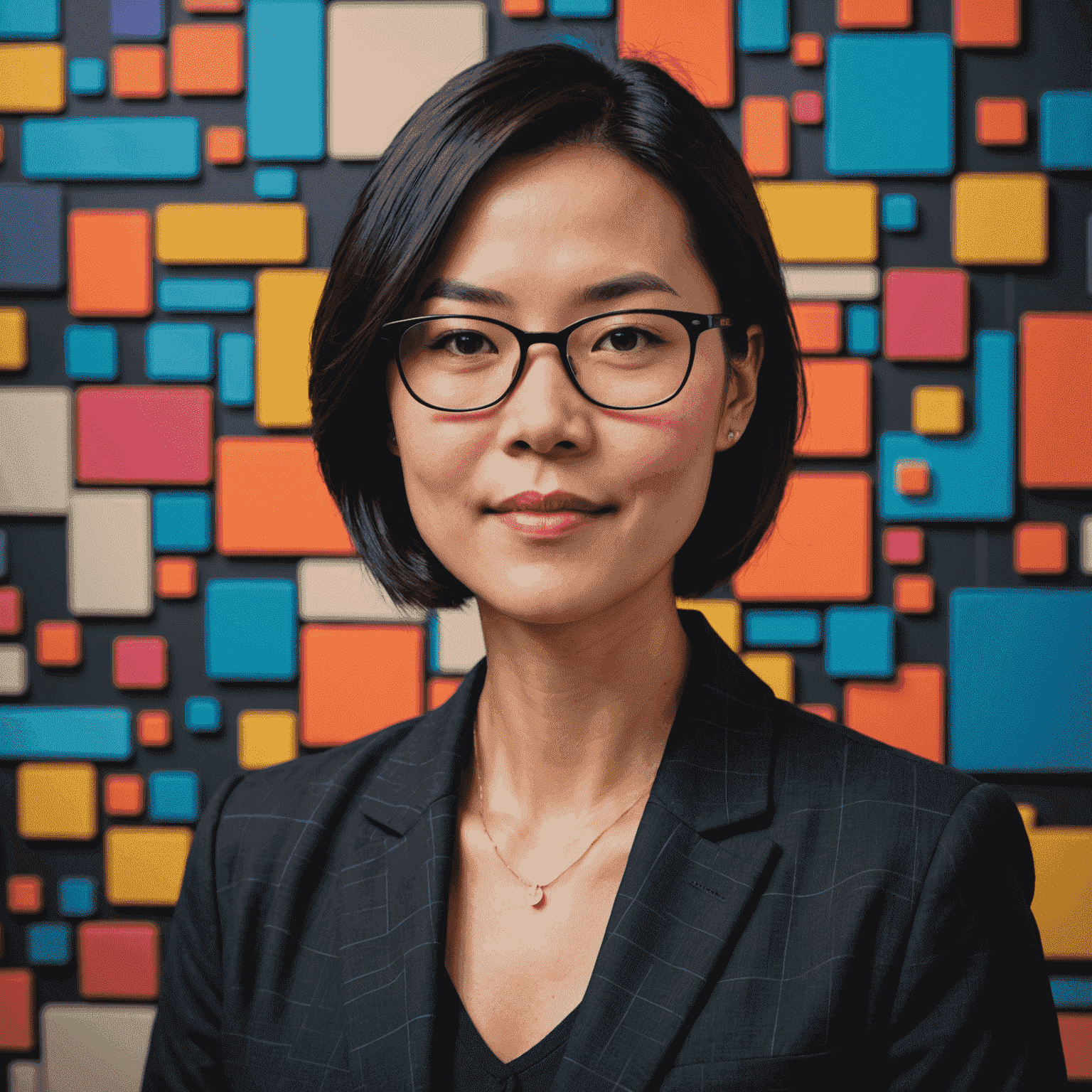 A professional headshot of Dr. Emily Chen, a woman in her mid-30s with short black hair and glasses, wearing a dark blazer, standing in front of a wall of colorful digital designs
