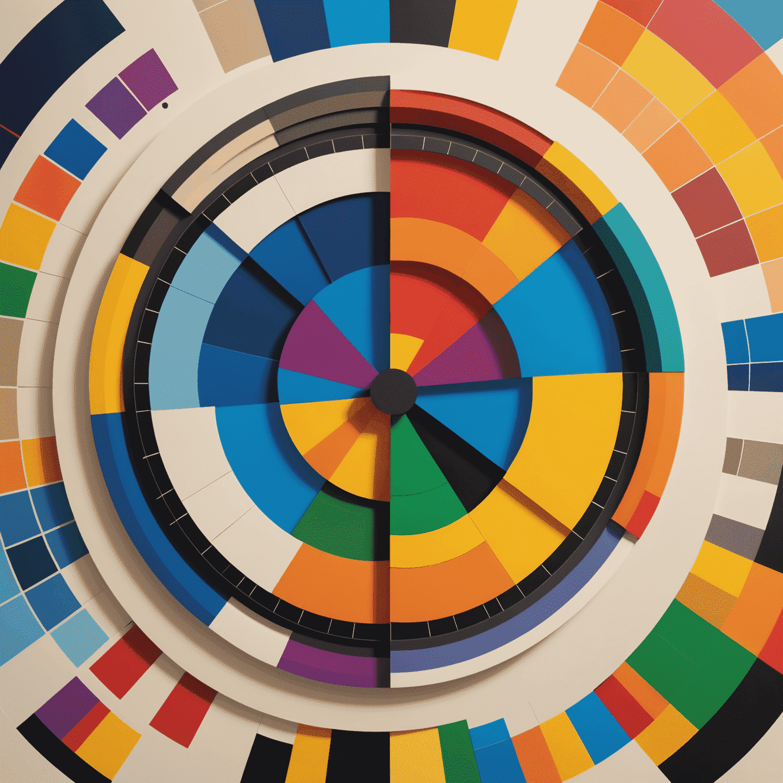 Abstract representation of color theory evolution in digital design, showing a transition from traditional color wheels to digital color spaces and algorithmic color selection tools