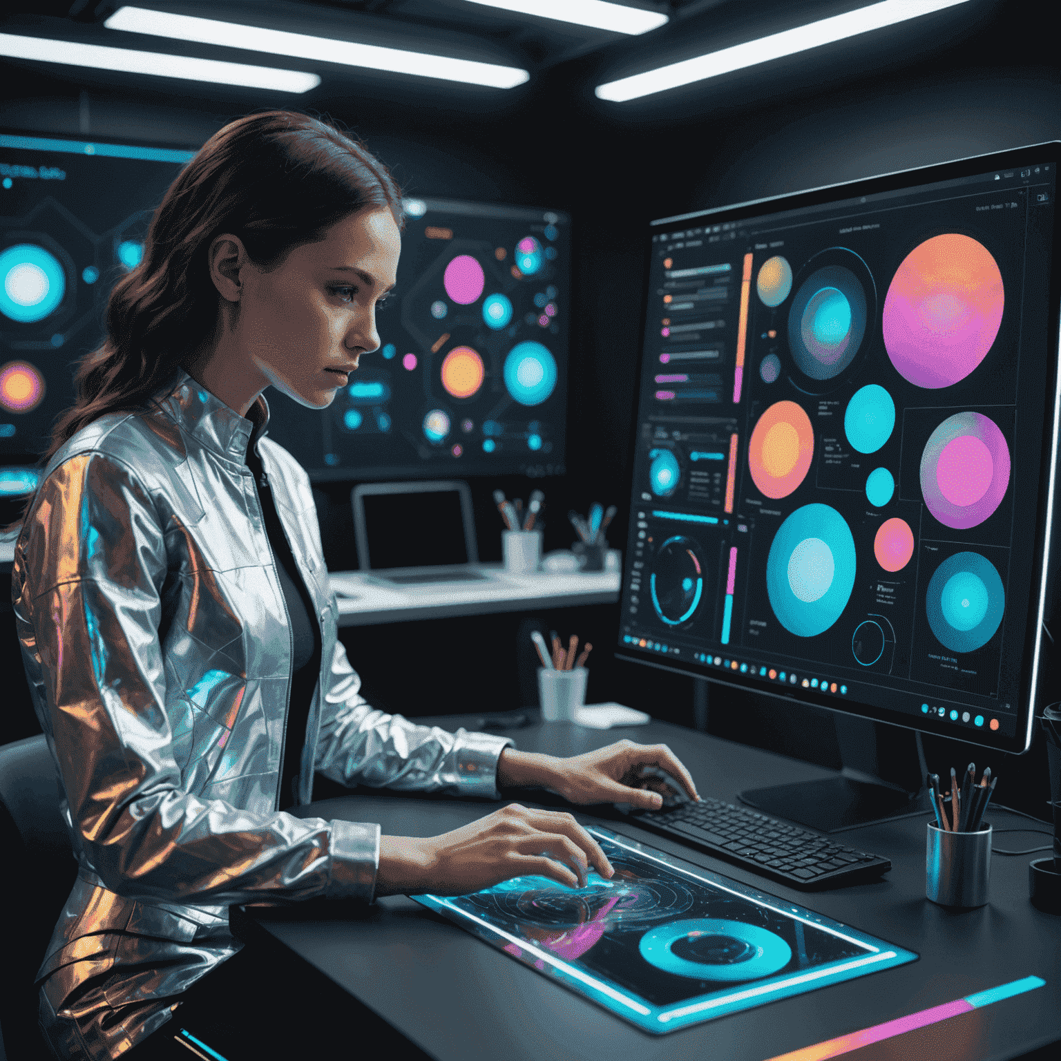 A futuristic graphic design workspace with holographic color palettes and AI-assisted design tools. The image showcases a designer interacting with advanced color prediction software.