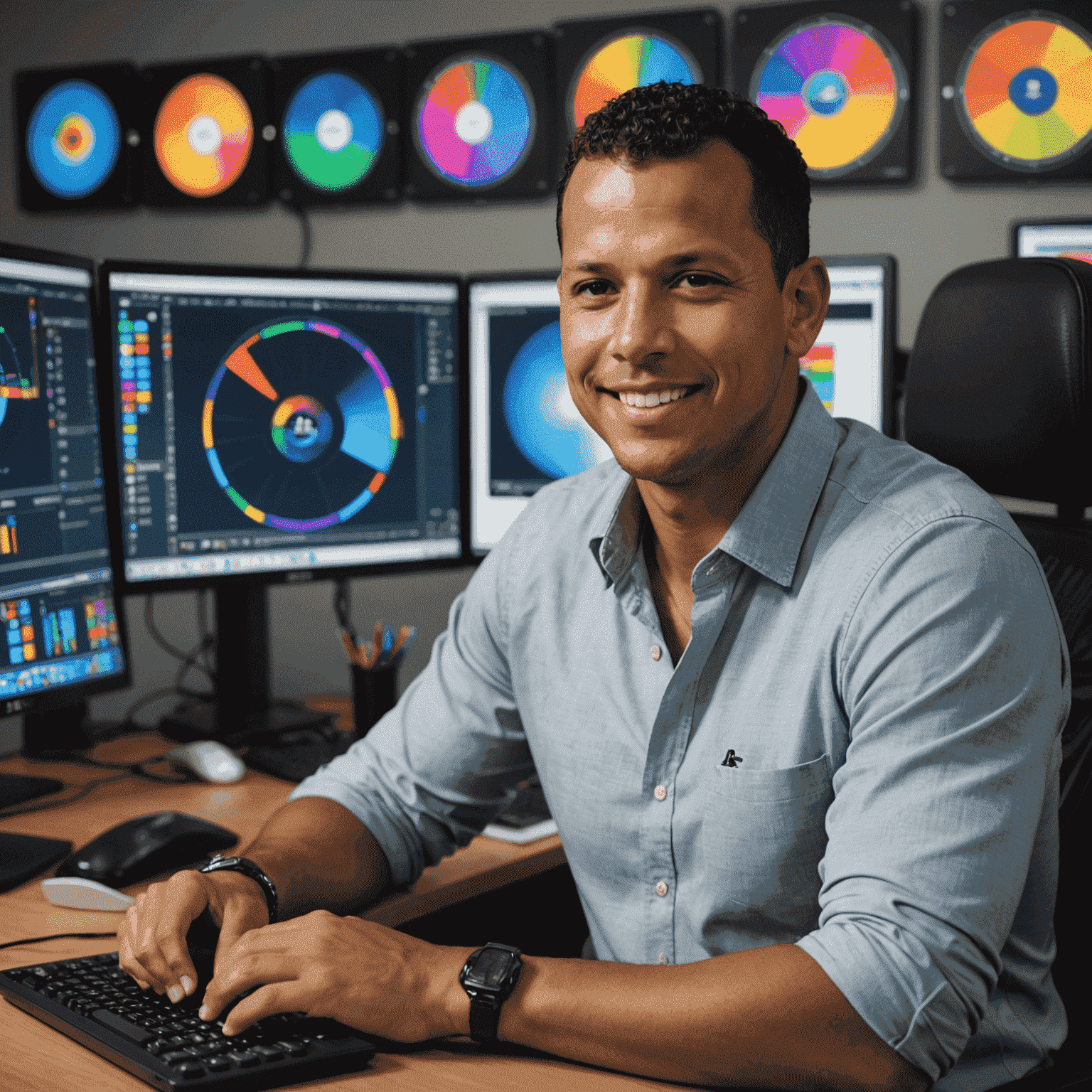 A casual portrait of Alex Rodriguez, a man in his late 20s with curly brown hair and a friendly smile, sitting at a desk with multiple computer screens displaying color wheels and AI interfaces