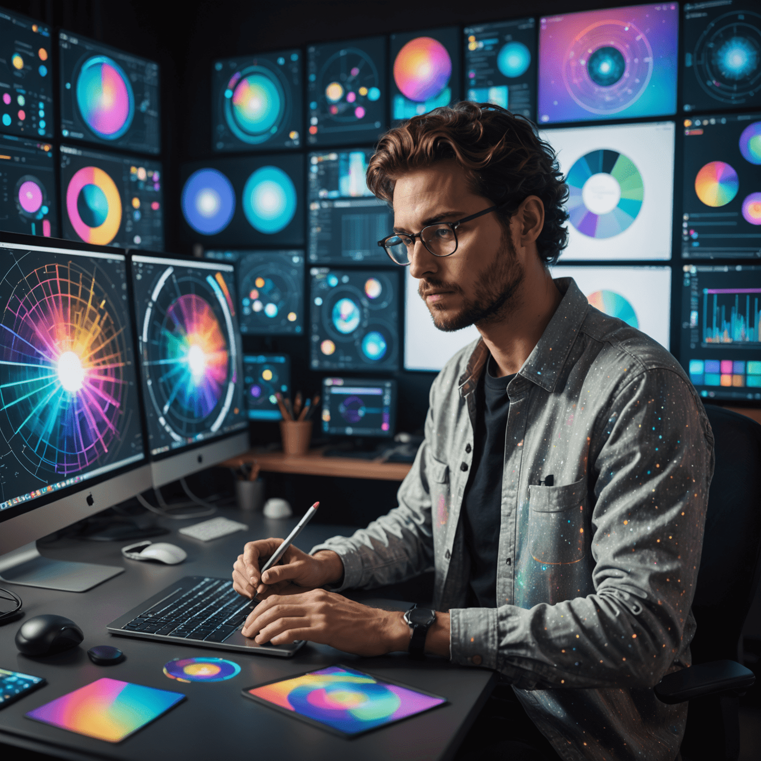 A graphic designer working at a computer, surrounded by holographic projections of color palettes and AI-generated design suggestions