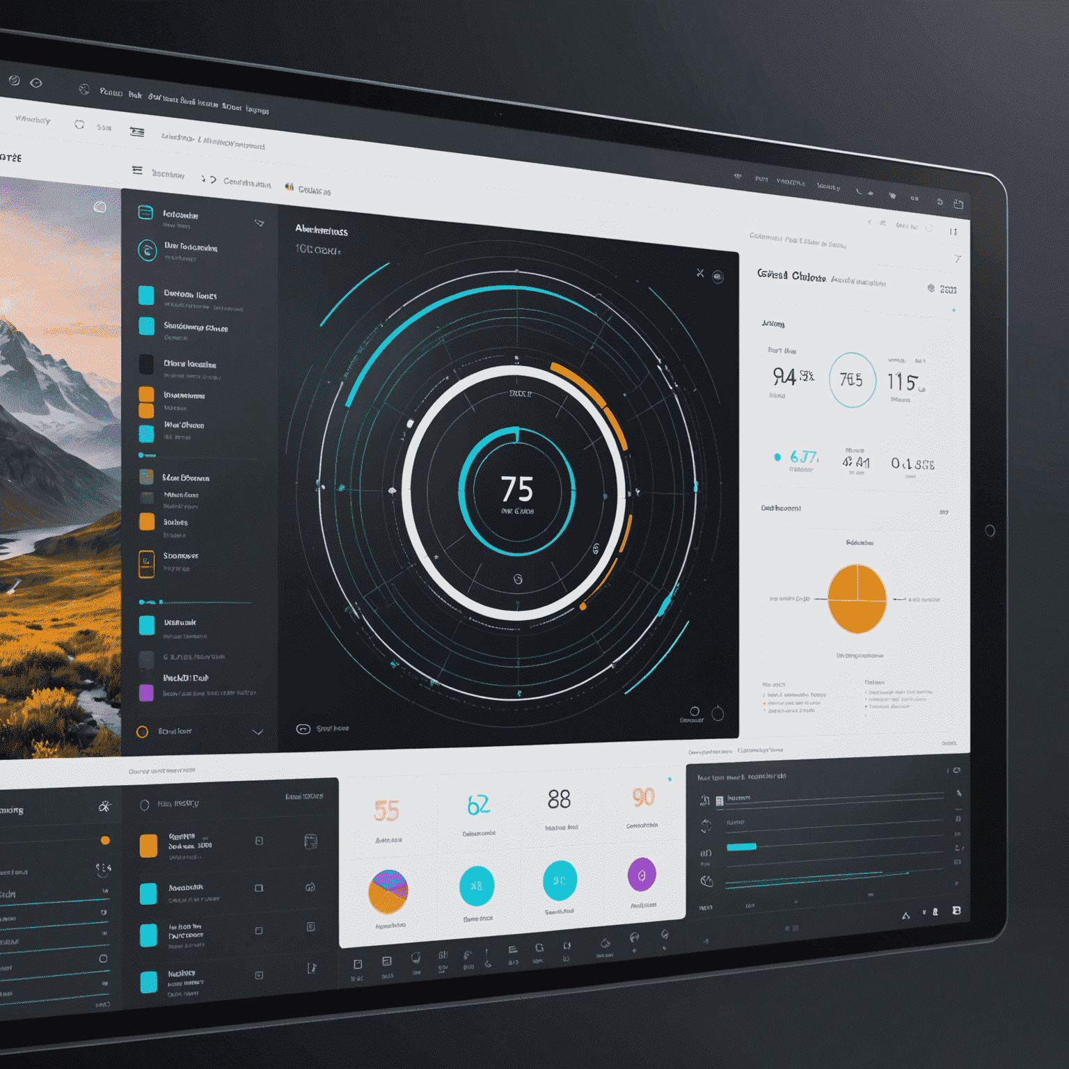 A futuristic interface of an AI-powered design tool, showcasing real-time color adjustments and accessibility metrics for a graphic design project