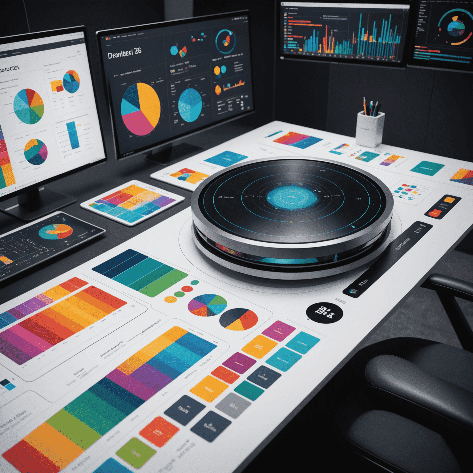 Futuristic visualization of predictive color analytics in graphic design, showing data-driven color selection tools and AI-assisted design processes